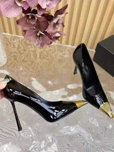 Black Patent Leather Metallic Top High Heel Pumps, Pointed Toe Slip-On Work Shoes, Sexy